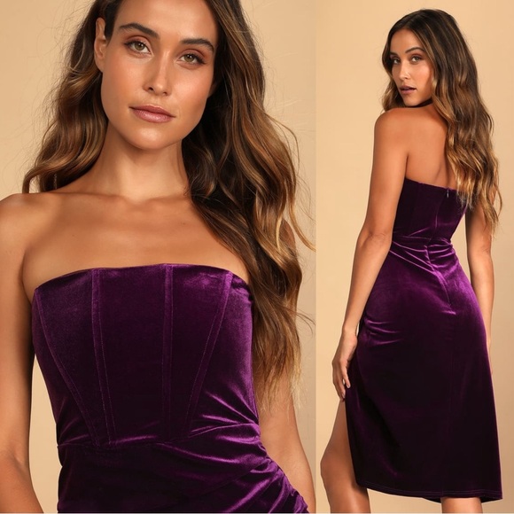 Lulus Glamorous Celebrations Dark Purple Velvet Strapless Tulip Dress NWT Plum - Picture 2 of 8
